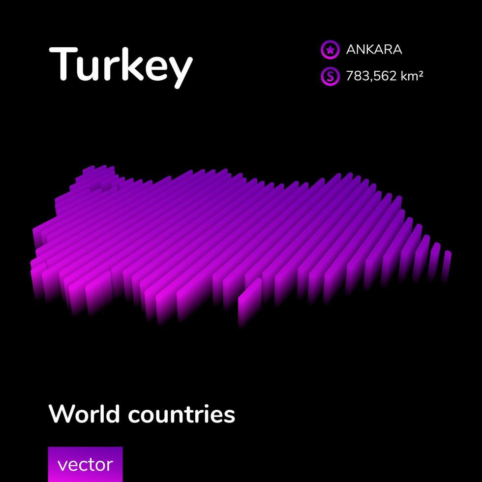 kalkoen 3d kaart. gestileerde neon gemakkelijk digitaal isometrische gestreept vector kaart van kalkoen is in paars kleuren Aan zwart achtergrond.
