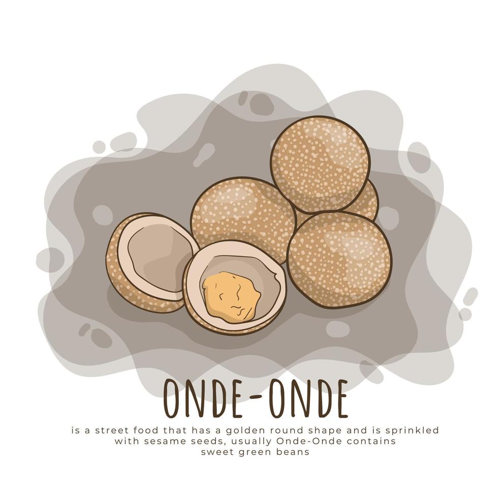 onde-onde in tekenfilm ontwerp is Indonesisch straat voedsel besprenkeld met sesam zaden vector