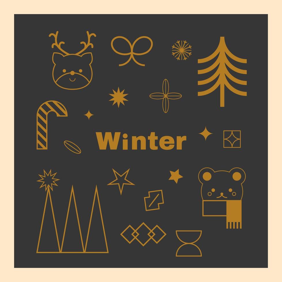 goud lineair Kerstmis element set, meetkundig Kerstmis icoon verzameling Aan zwart, winter vakantie vector symbolen, minimalistische meetkundig boom, snoep riet, polair beer, hert, sterren nieuw jaar illustratie.