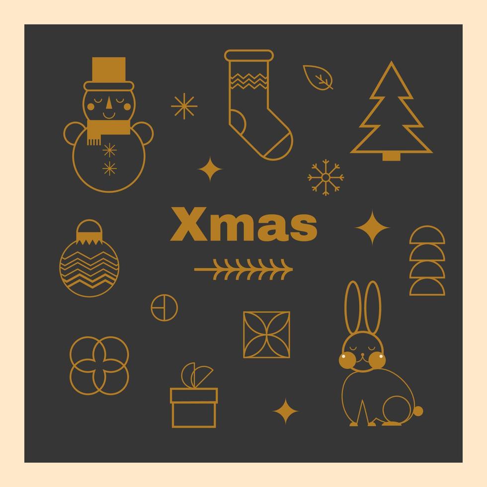 goud lineair Kerstmis element set, meetkundig Kerstmis icoon verzameling Aan zwart, winter vakantie vector symbolen, minimalistische meetkundig boom, konijn, sok, sneeuwman, bal, sterren nieuw jaar illustratie