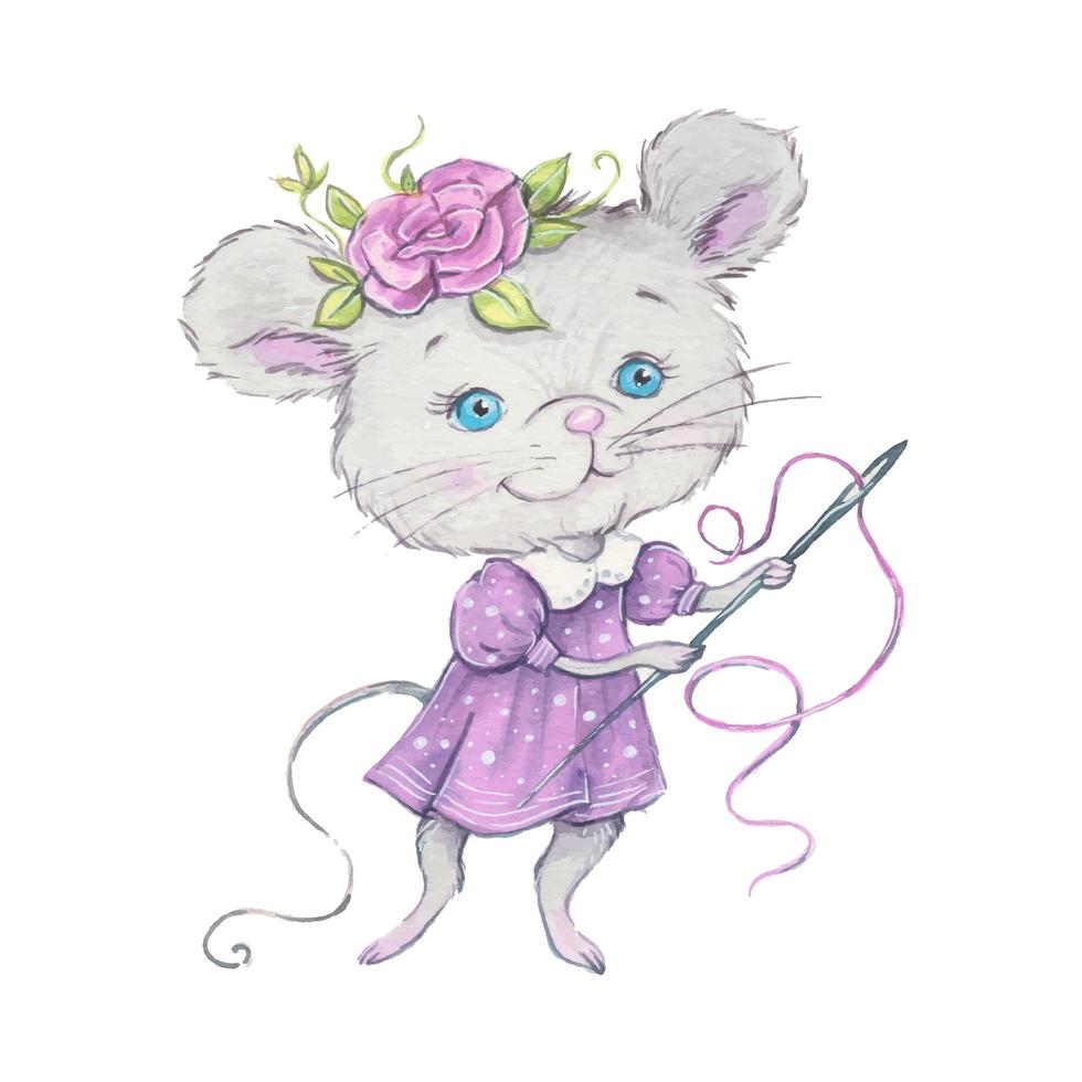 aquarel schattige cartoon muis met naald en draad vector