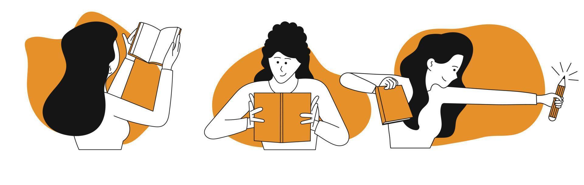 vrouw aan het leren vector concept illustratie. online onderwijs en leerling studie. karakter en internet kennis. aan het studeren Aan boek en vrouw opleiding. Cursus informatie en les Aan leerboek