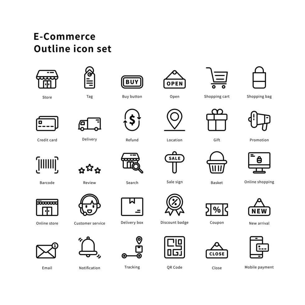 e-commerce pictogrammen. e-commerce schets icoon set. icoon voor website, sollicitatie, afdrukken, poster ontwerp, enz. vector