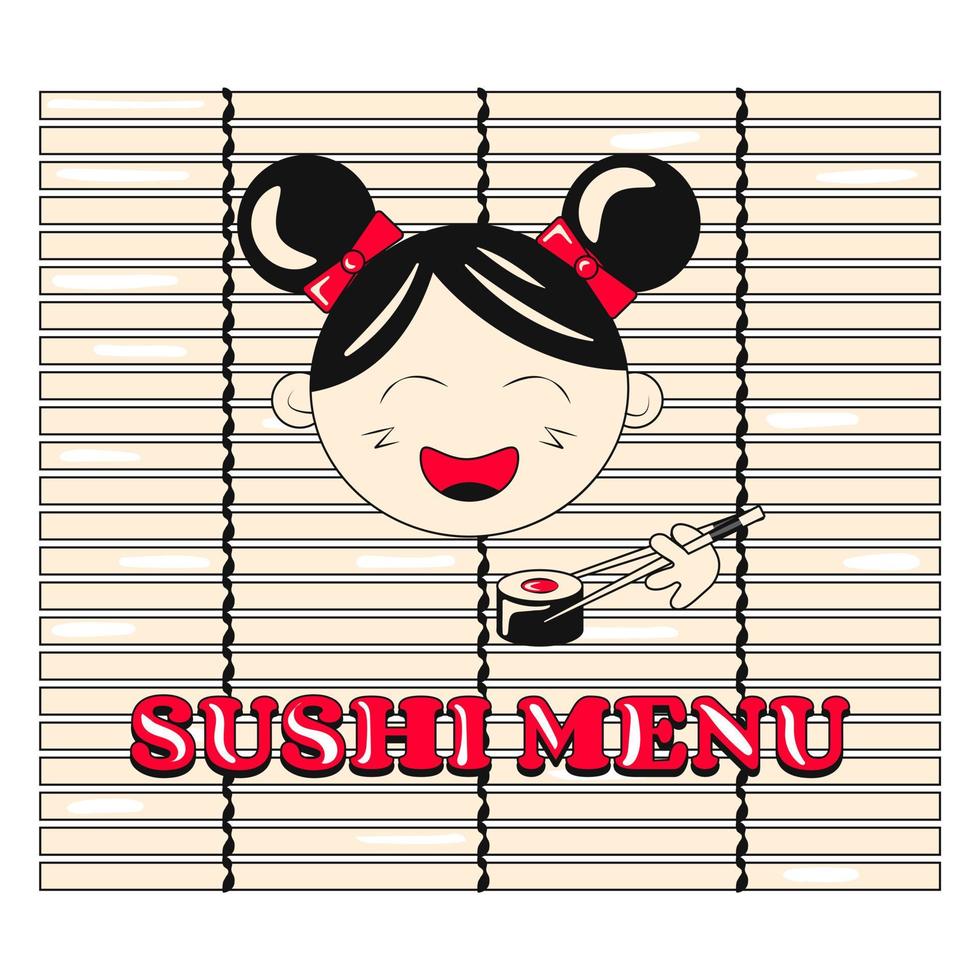 schattig meisje aan het eten sushi bamboe sushi mat vector