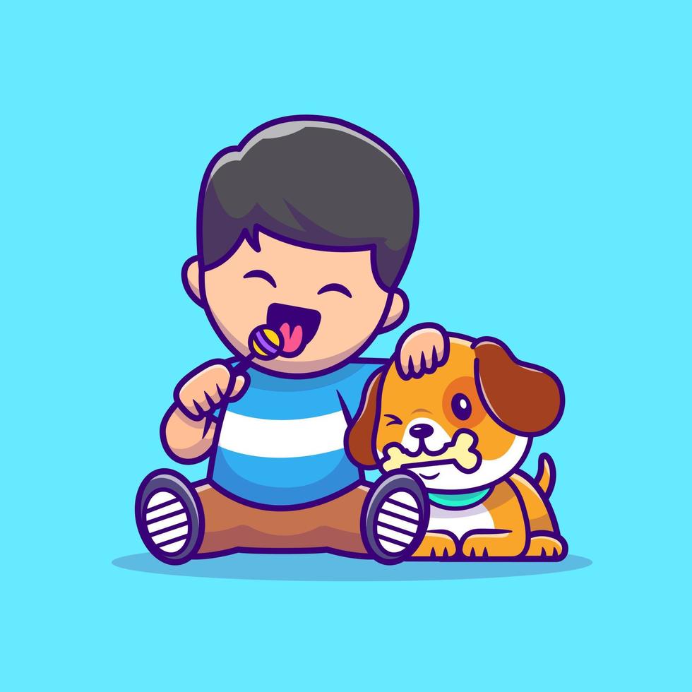 schattig jongen aan het eten lolly met hond aan het eten bot tekenfilm vector icoon illustratie. dier liefde icoon concept geïsoleerd premie vector. vlak tekenfilm stijl