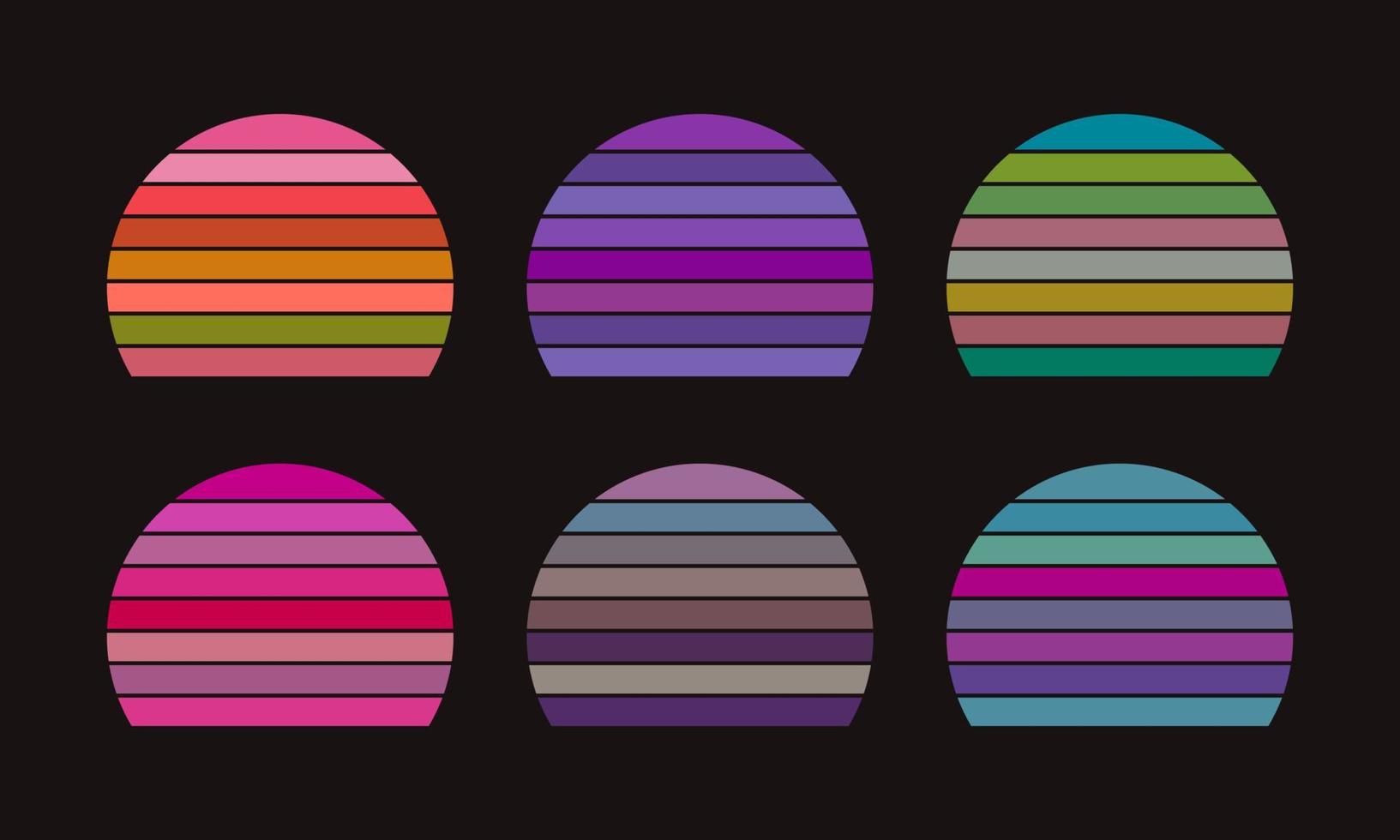 retro zonsondergang, abstract 80s stijl grunge gestreept zonsondergangen. wijnoogst kleurrijk gestreept cirkels voor logo of afdrukken ontwerp elementen vector set.