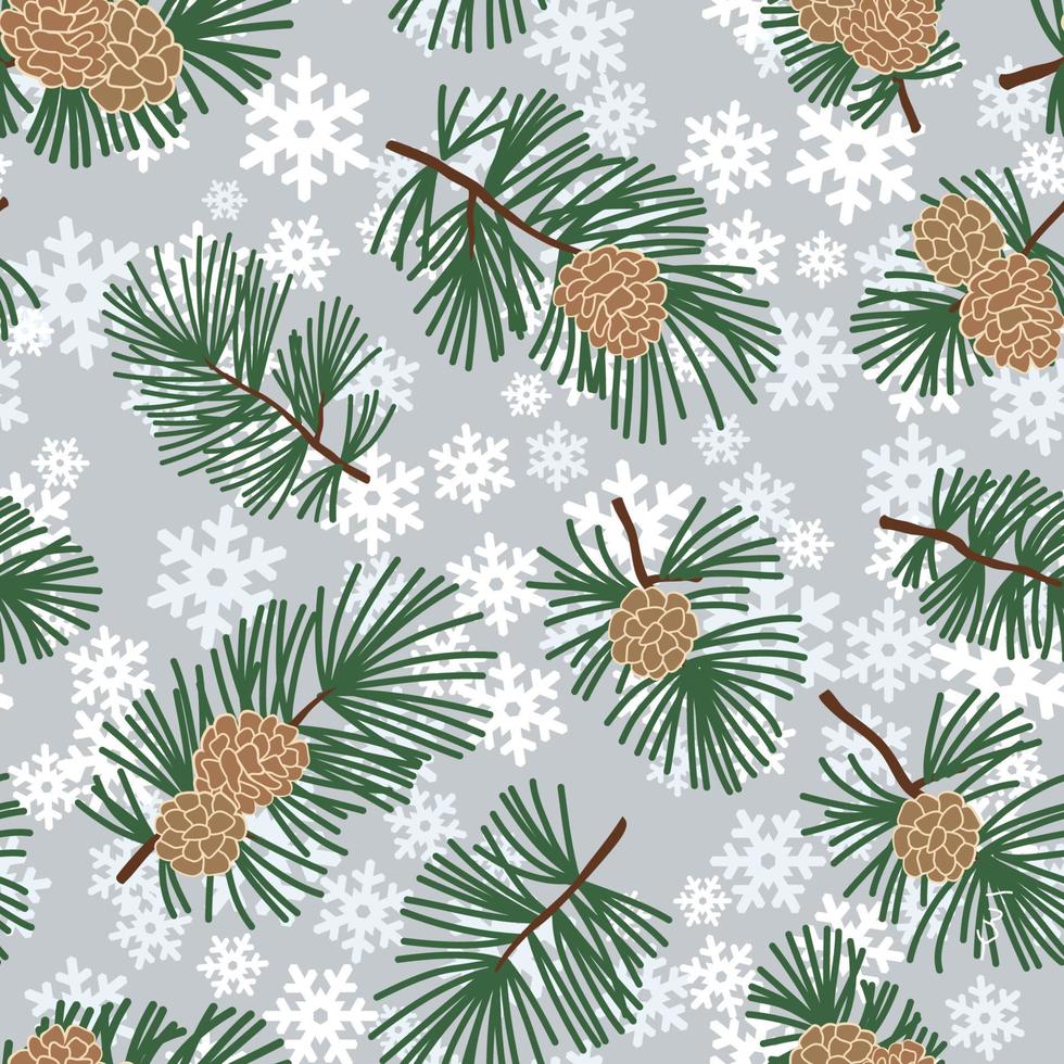 naadloos winter bloemen patroon met groenblijvend ijshoorntje en sneeuwvlokken. Kerstmis textuur. sneeuw Woud achtergrond. vector