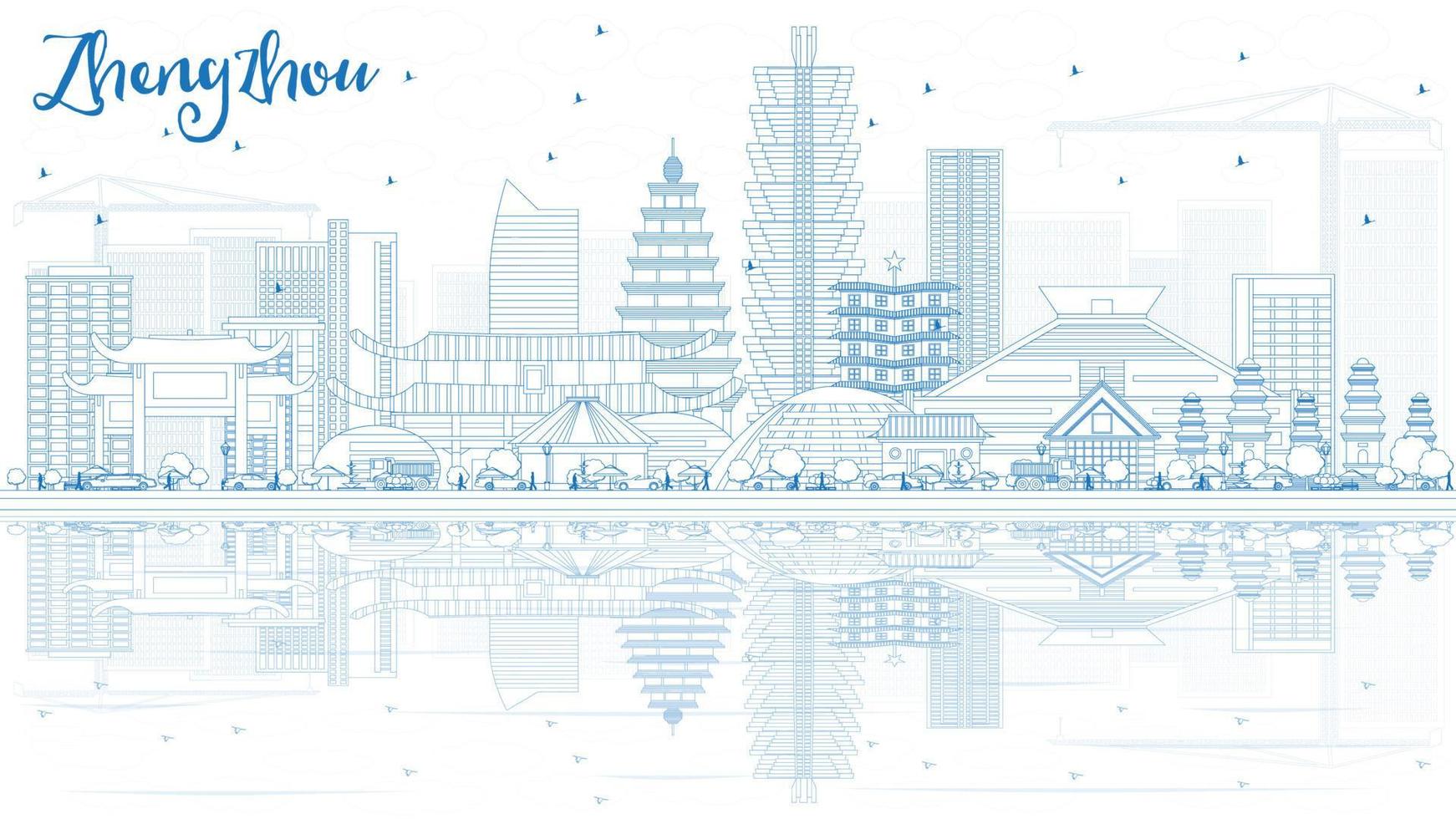 schets zhengzhou China horizon met blauw gebouwen en reflecties. vector
