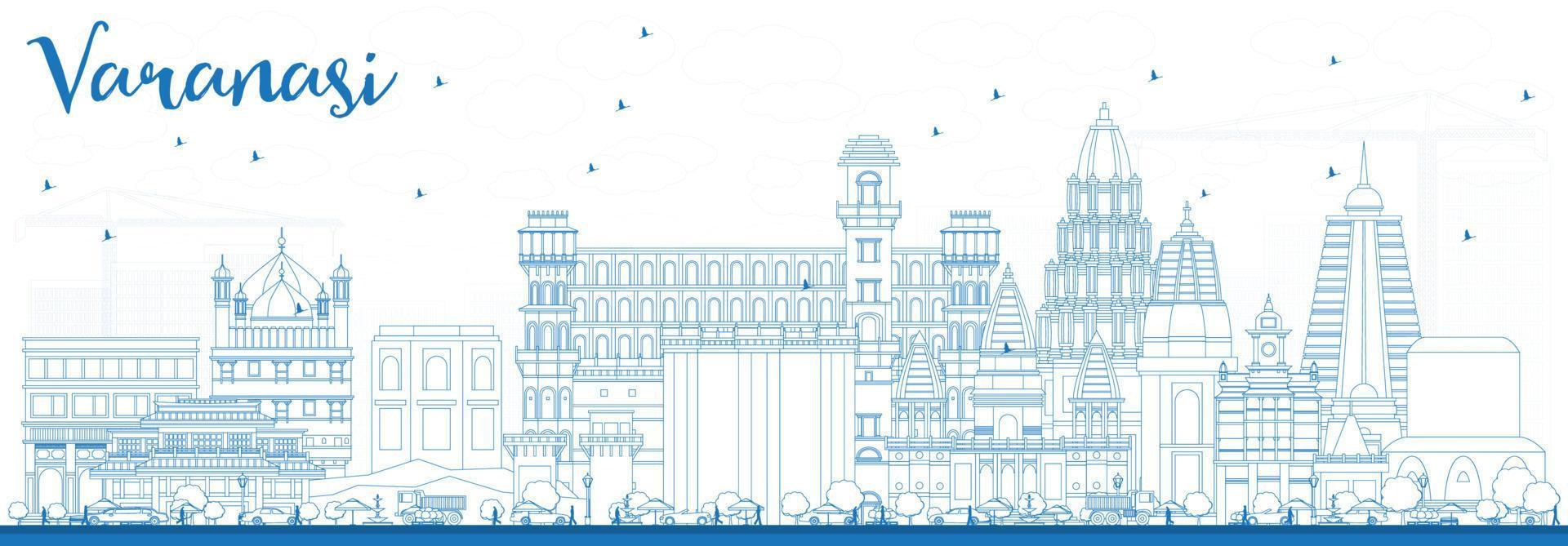 schets varanasi horizon met blauw gebouwen. vector