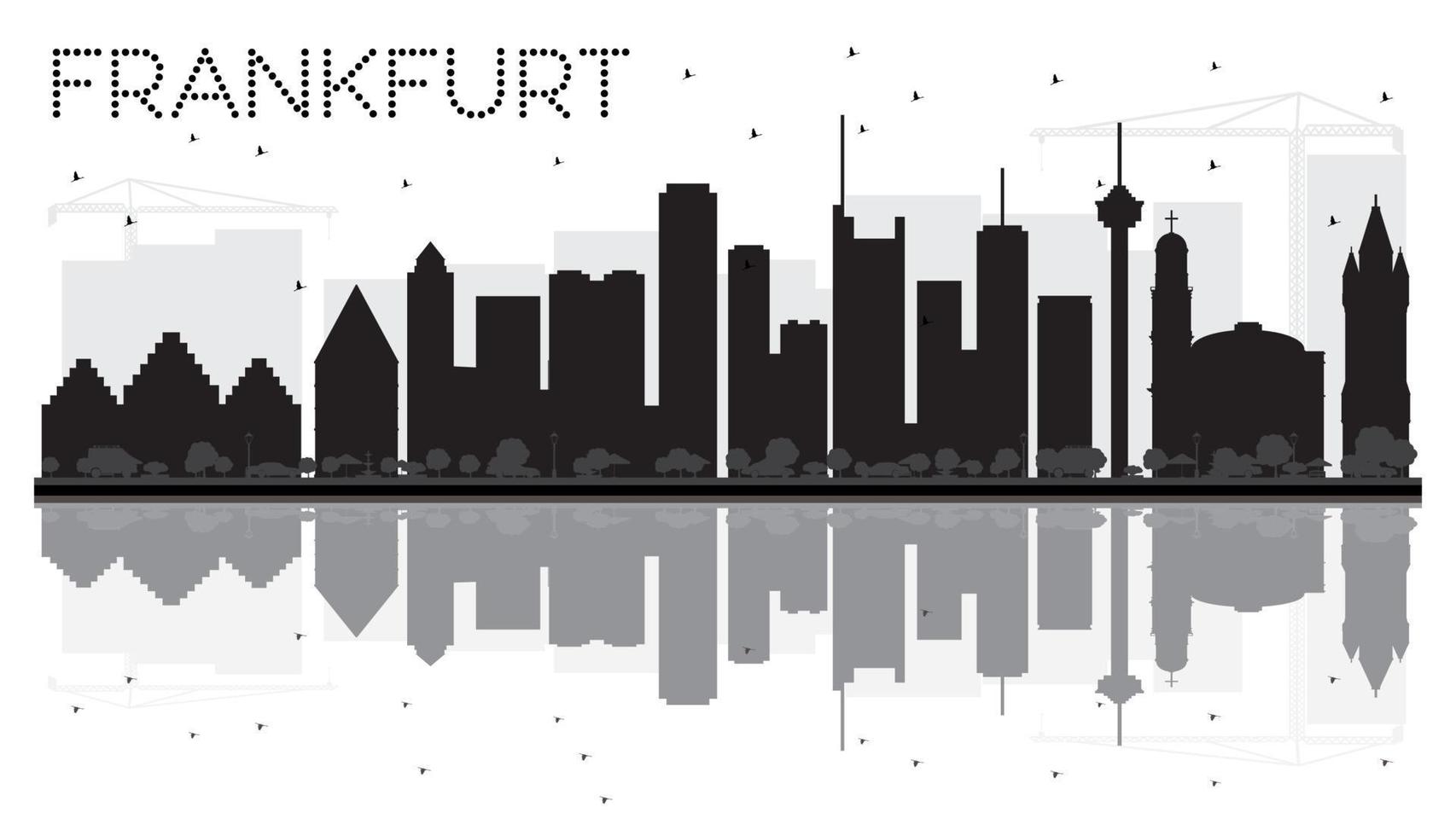 Frankfurt stad horizon zwart en wit silhouet met reflecties. vector