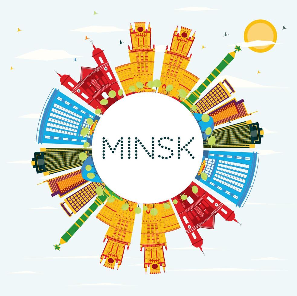 Minsk horizon met kleur gebouwen, blauw lucht en kopiëren ruimte. vector
