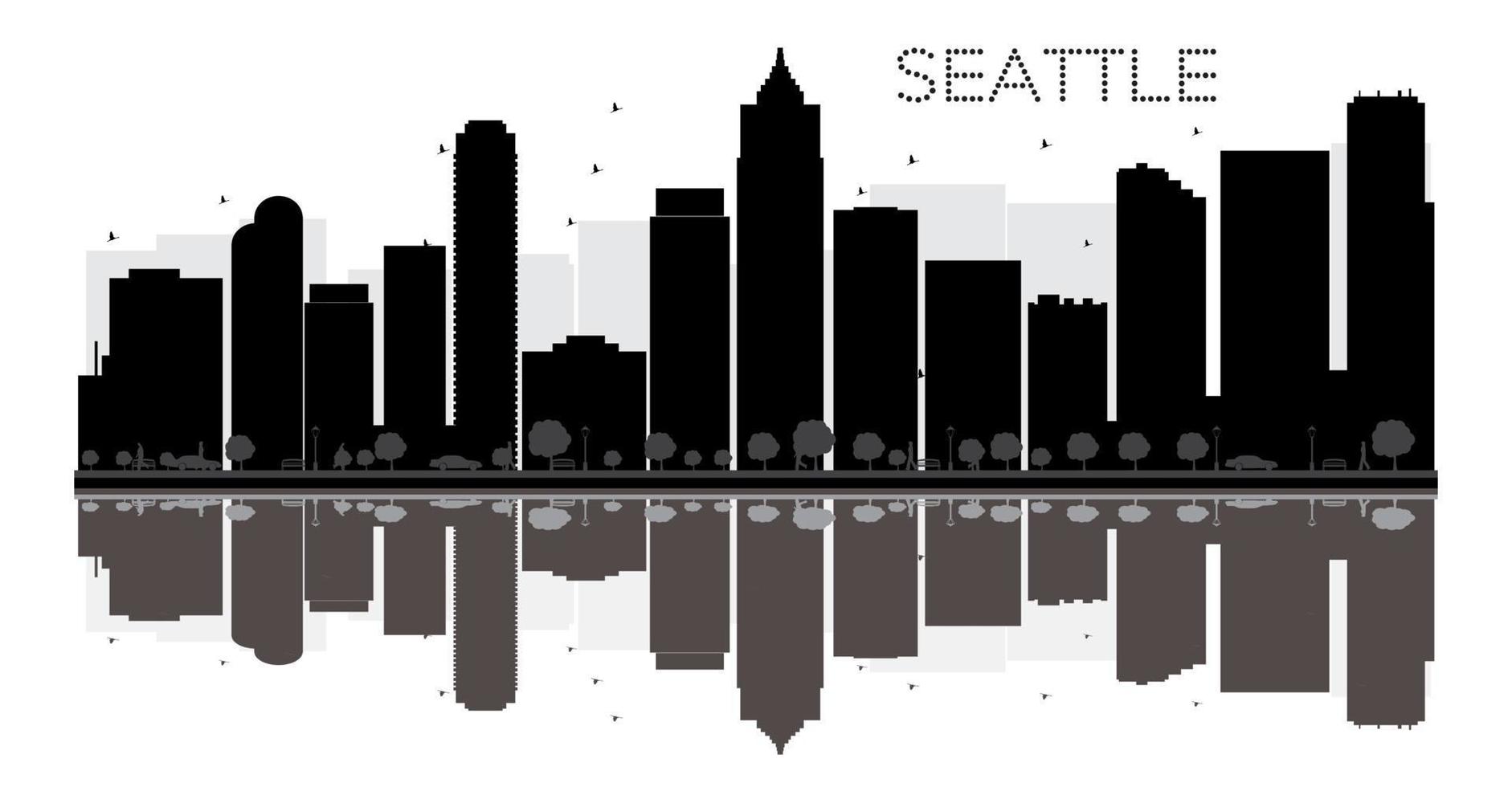 Seattle stad horizon zwart en wit silhouet met reflecties. vector