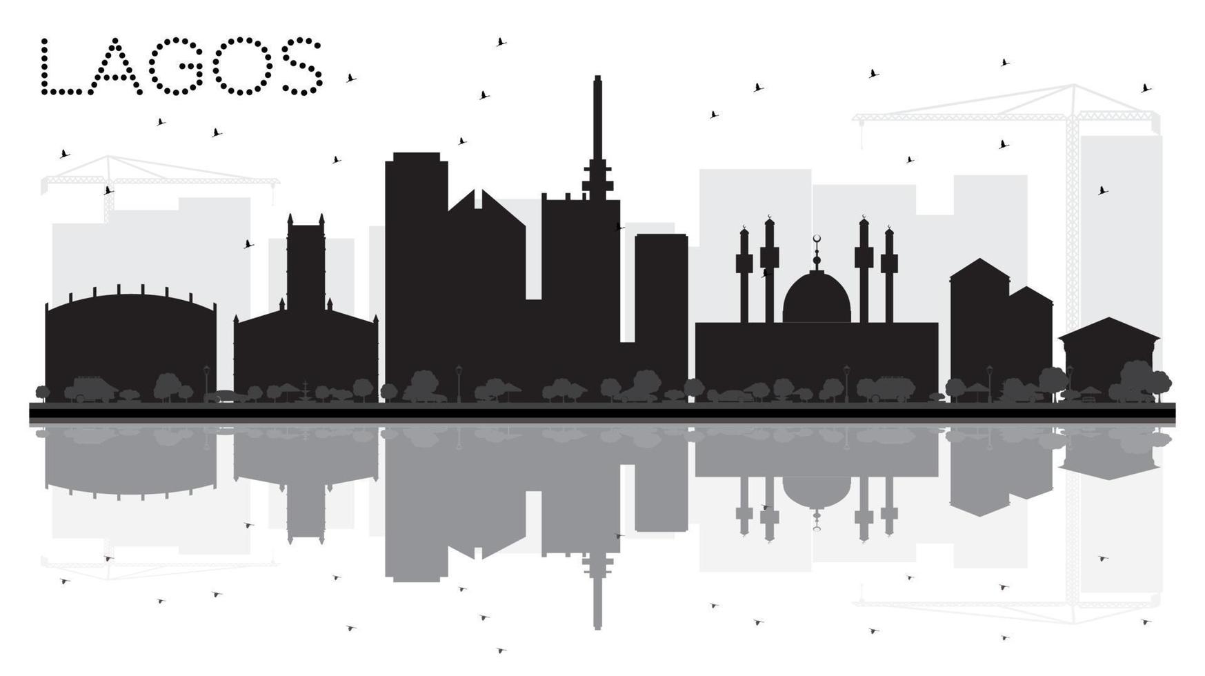 lagos stad horizon zwart en wit silhouet met reflecties. vector