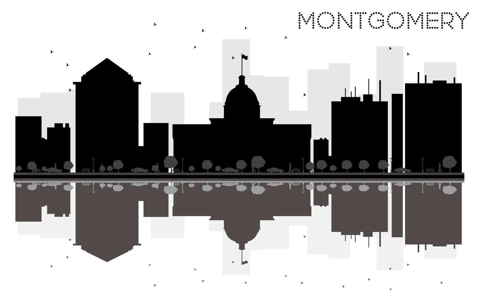 montgomery stad horizon zwart en wit silhouet met reflecties. vector