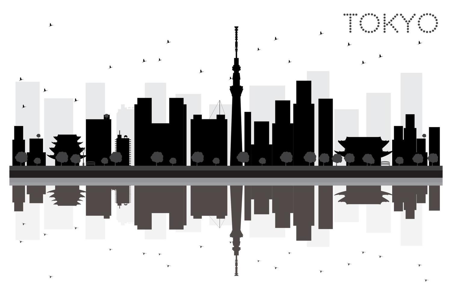 tokyo stad horizon zwart en wit silhouet met reflecties. vector