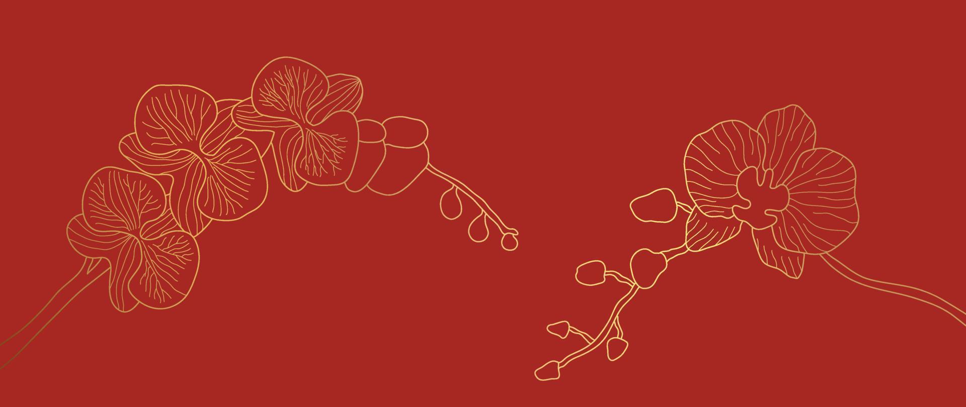 gelukkig Chinese nieuw jaar luxe stijl patroon achtergrond vector. oosters orchidee bloem goud lijn kunst structuur Aan rood achtergrond. ontwerp illustratie voor behang, kaart, poster, verpakking, reclame. vector