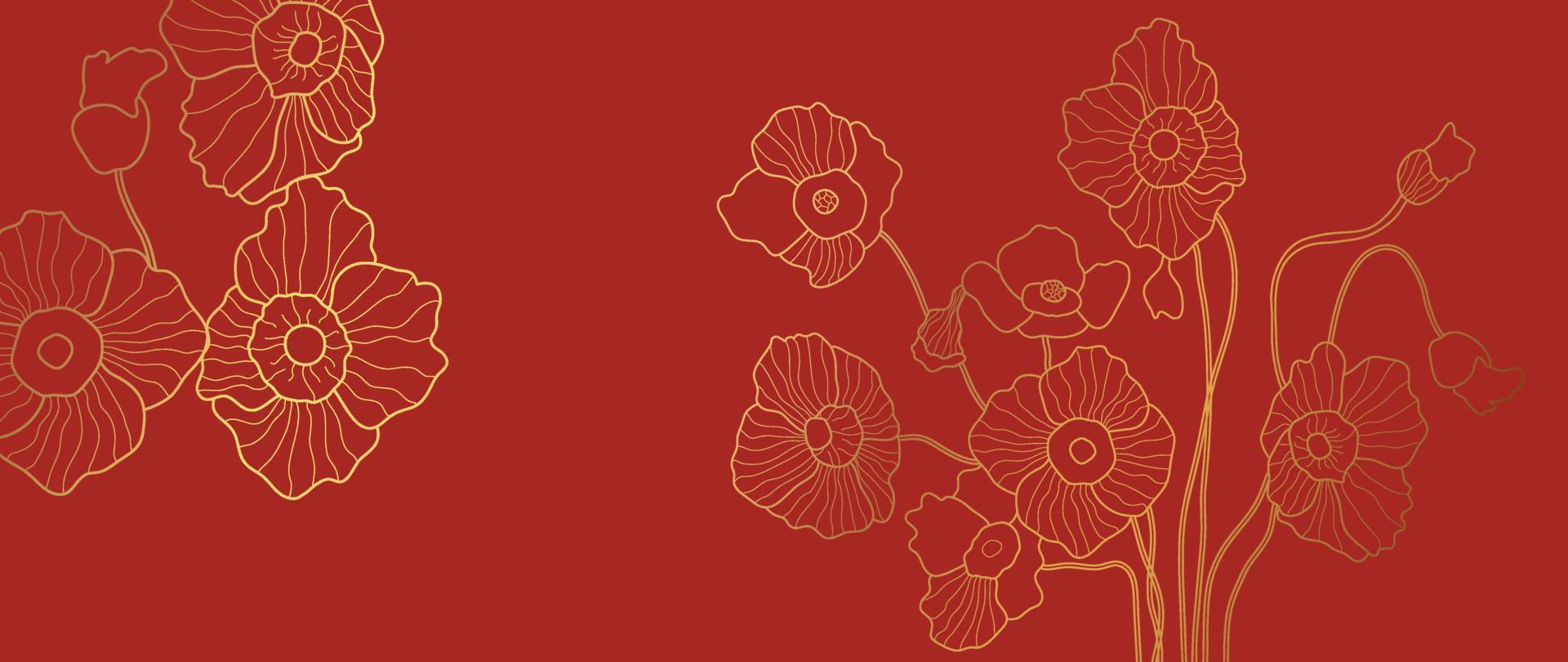 gelukkig Chinese nieuw jaar luxe stijl patroon achtergrond vector. botanisch papaver bloem goud lijn kunst structuur Aan rood achtergrond. ontwerp illustratie voor behang, kaart, poster, verpakking, reclame. vector