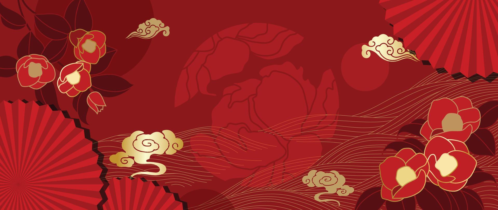 oosters Japans en Chinese luxe stijl patroon achtergrond vector. decoratief goud sakura bloem en lijn kunst met Chinese patroon rood achtergrond. ontwerp illustratie voor behang, kaart, poster. vector