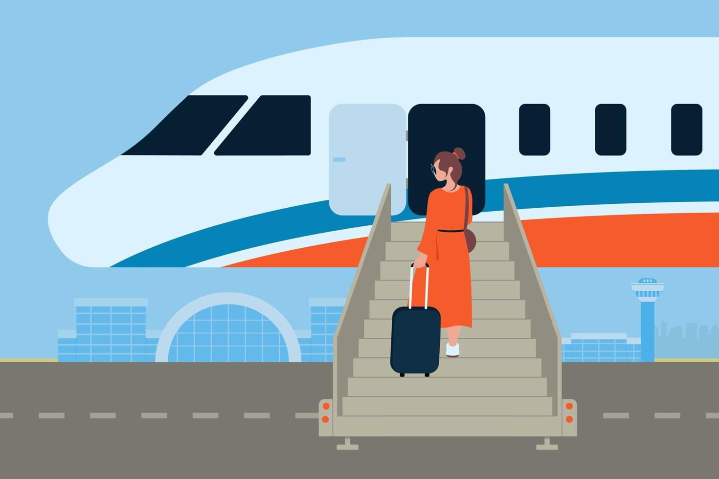 concept van instappen Bij vliegtuig met ladder op reis vector illustratie in vlak stijl