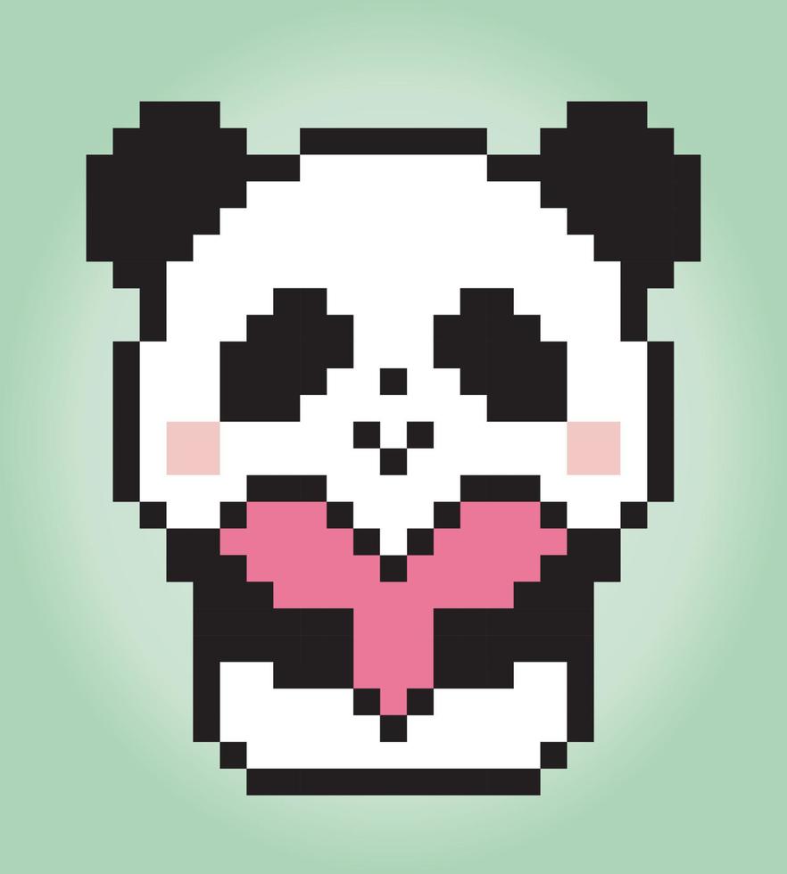 8 beetje pixels panda Holding liefde. dieren voor spel middelen en kruis steek patronen in vector illustraties.