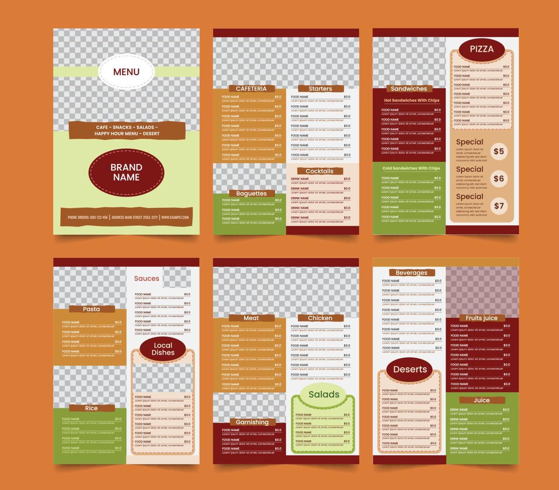 voedsel menu brochure ontwerp vector sjabloon in a4 maat. 6 bladzijde restaurant menu.