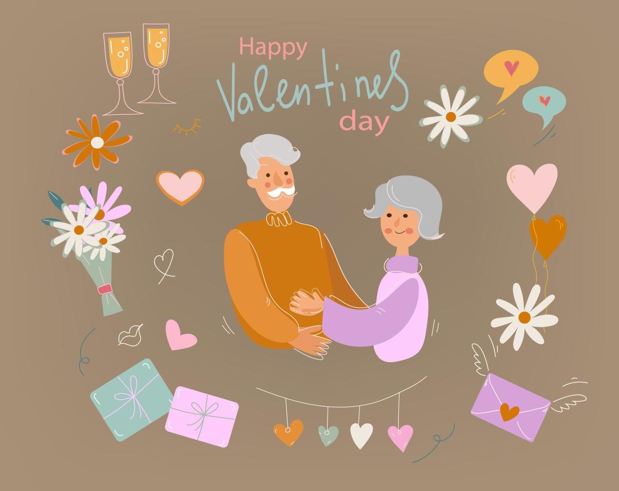 valentijnsdag dag, ouderen mannen en Dames ze feliciteren elk ander, liefhebbend ouderen stel, oud tekens daten, concept banier, poster modern vlak tekening vector illustratie