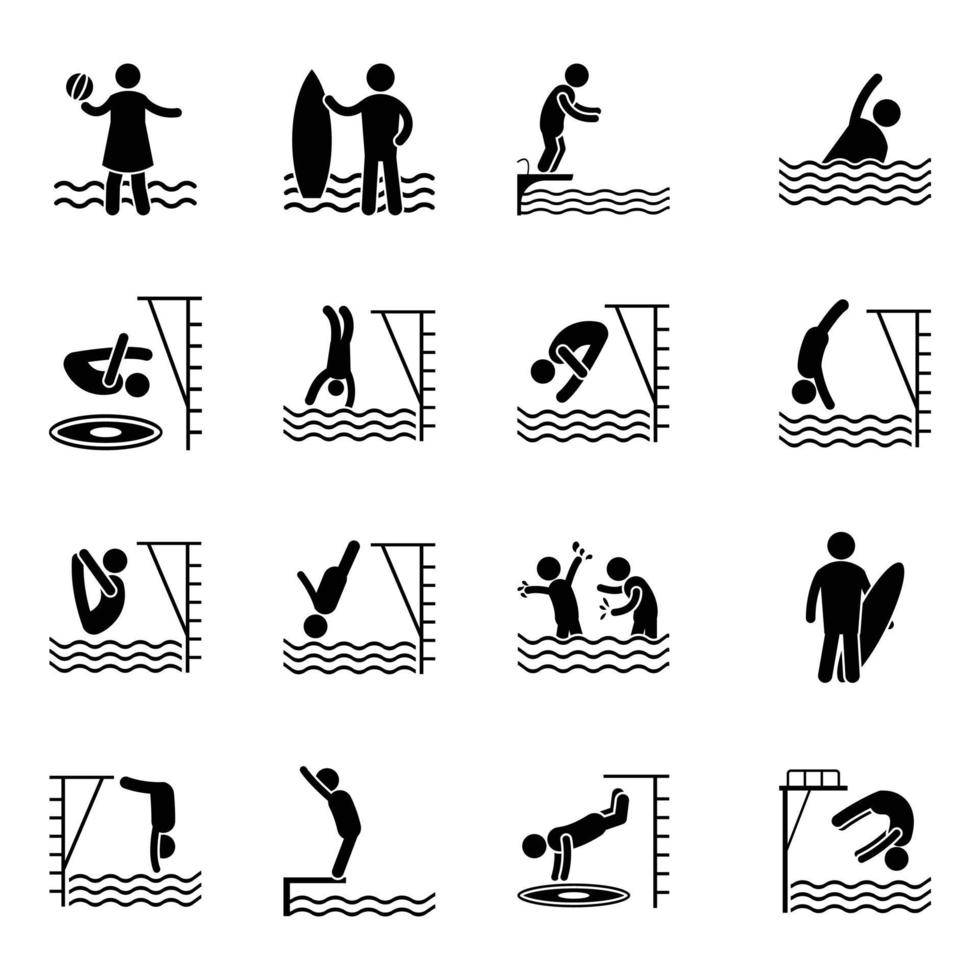 zwemmen spellen en duiken types glyph pictogrammen vector