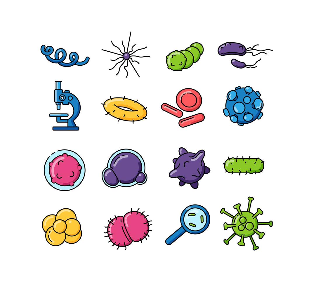 bacteriën kleur iconen set vector