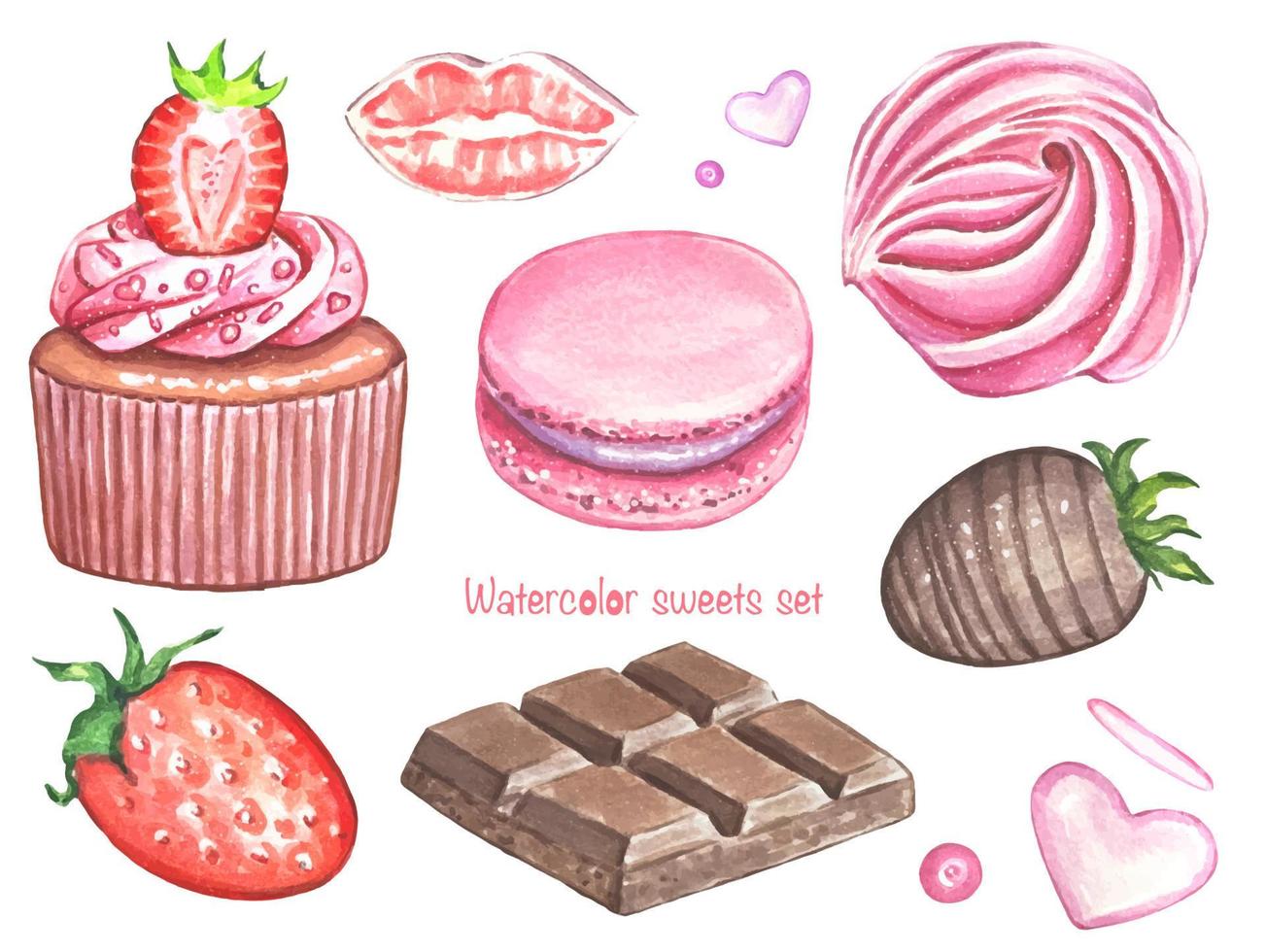 waterverf reeks met snoepgoed. chocola, taart, marshmallows, aardbeien, koekjes. voedsel illustraties vector