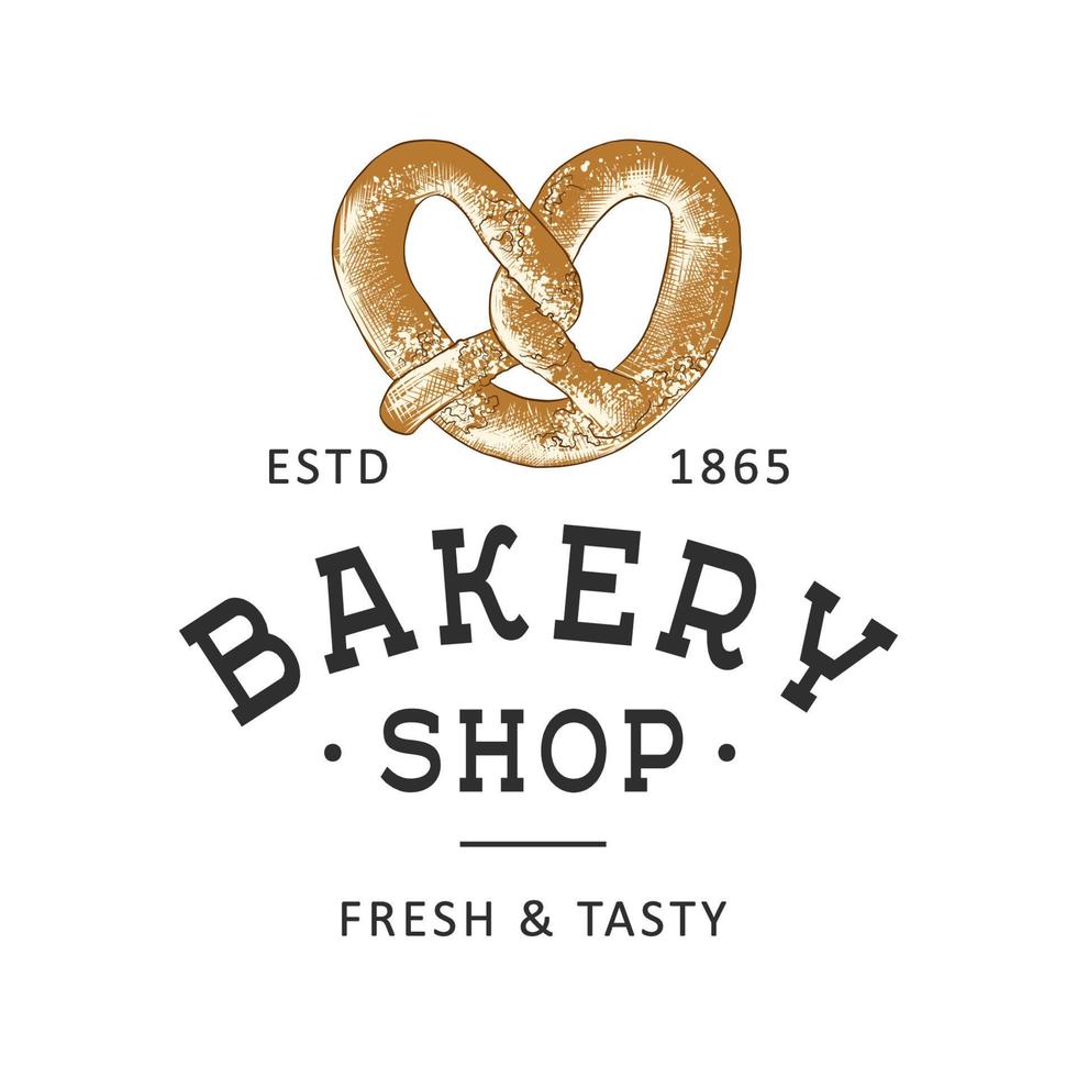 wijnoogst stijl bakkerij winkel gemakkelijk label, insigne, embleem, logo sjabloon. grafisch voedsel kunst met gegraveerde zoute krakeling ontwerp vector element met typografie. hand- getrokken biologisch bagel Aan wit achtergrond.