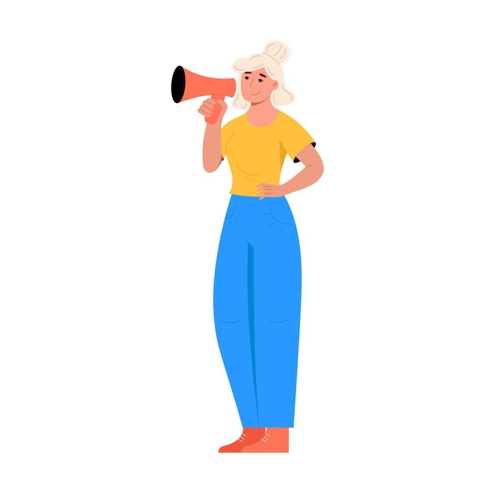 vrouw met luidspreker. vlak vector illustratie geïsoleerd Aan wit achtergrond