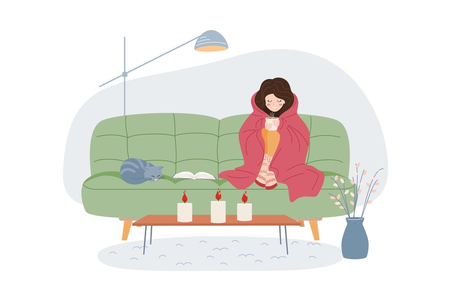 meisje in warm kleren drankjes een heet drinken en verwarmt haarzelf onder een deken. schattig kat. verkoudheid temperatuur in de appartement. besparing energie bronnen. crisis en economie concept. vector illustratie.