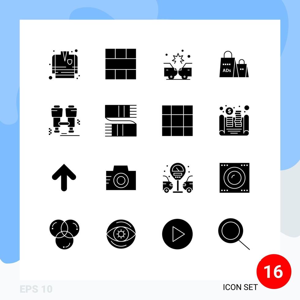 16 solide glyph concept voor websites mobiel en apps kamp boodschappen doen advertentie ongeluk handtas reclame bewerkbare vector ontwerp elementen