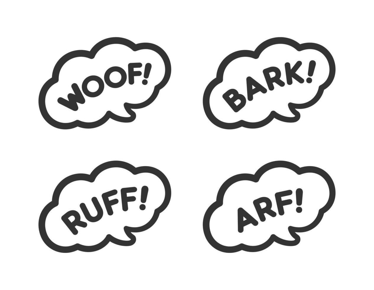 hond schors dier geluid effect tekst in een toespraak bubbel ballon clip art set. tekenfilm comics en belettering. gemakkelijk zwart en wit schets vlak vector illustratie ontwerp Aan wit achtergrond.