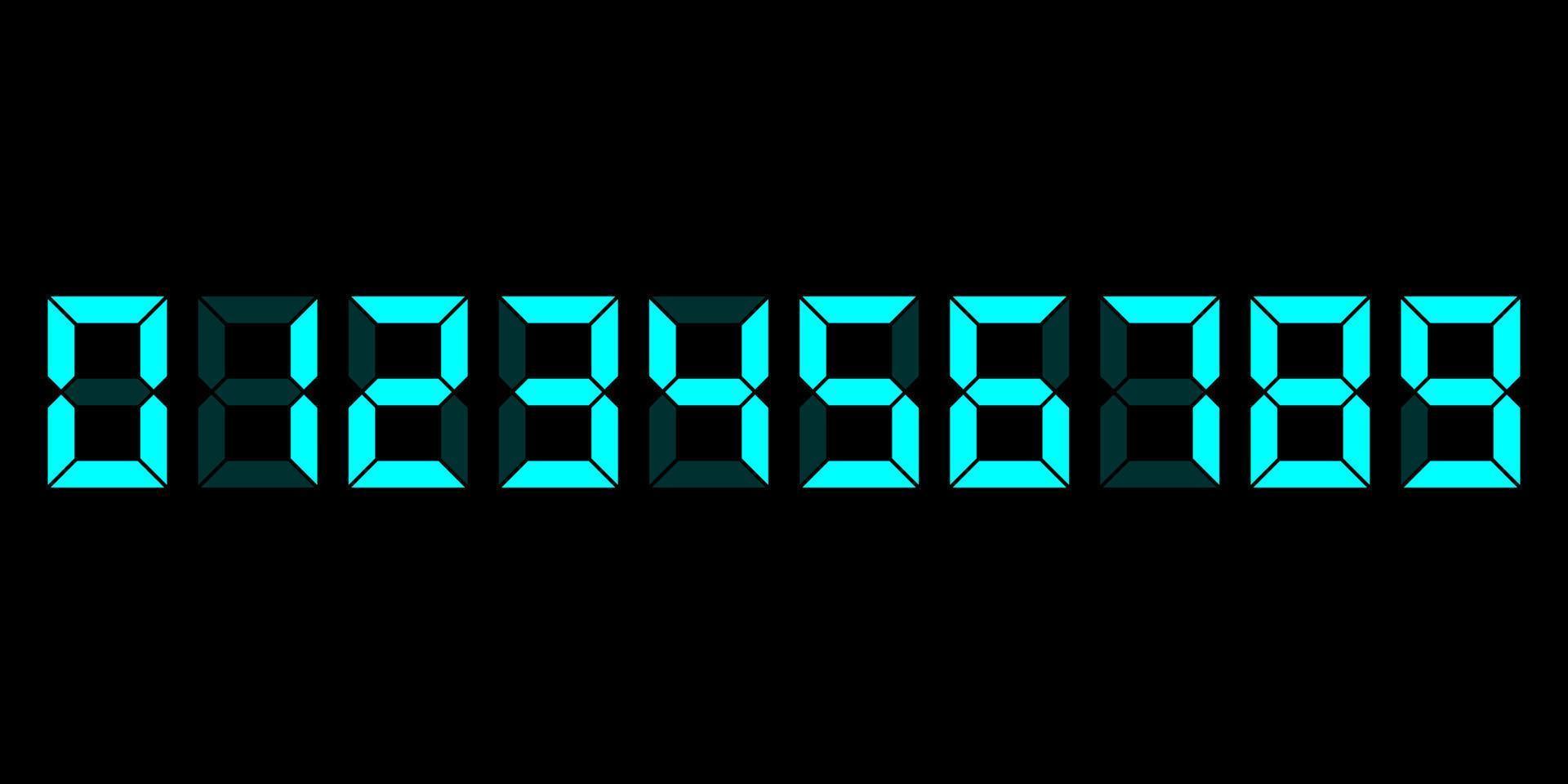 nul naar negen cyaan digitaal elektronisch klok getallen set. lcd LED cijfer reeks voor de balie, klok, rekenmachine mockup in vlak stijl ontwerp geïsoleerd Aan zwart achtergrond. vector