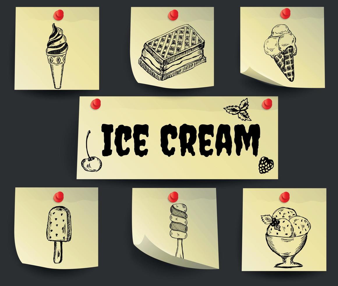 een reeks van papier stickers met tekeningen ijs crèmes. vector