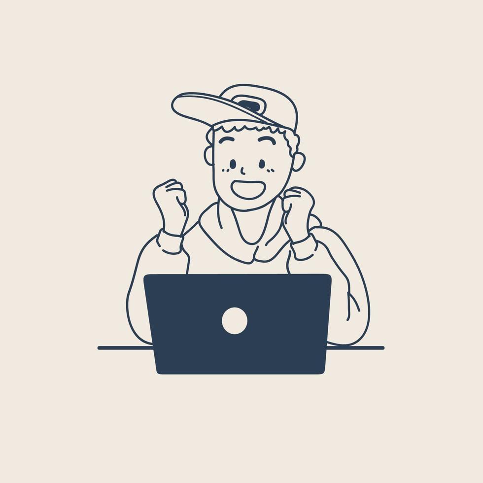 gemakkelijk animatie van een jong Mens vervelend een hoed en capuchon aan het doen activiteiten met een laptop. modern computer internet industrie concept. vector