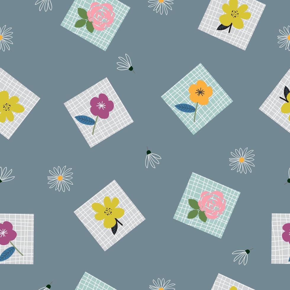 naadloos schattig hand- getrokken bloemen patroon blauw achtergrond vector