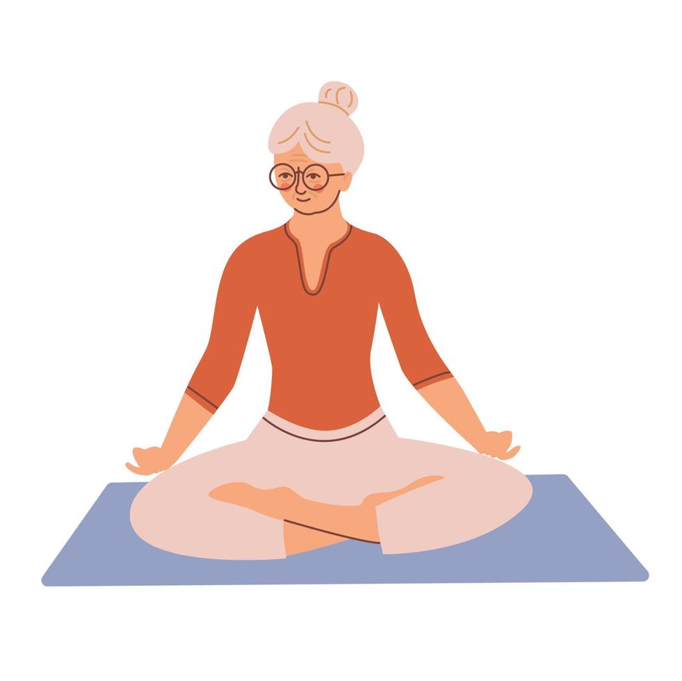 een ouderen vrouw in lotus positie, meditatie praktijk concept. werkzaamheid in oud leeftijd vector