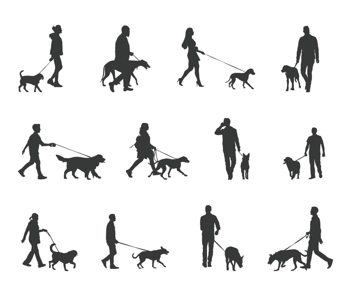 wandelen met hond silhouetten, mensen wandelen met hond silhouetten vector