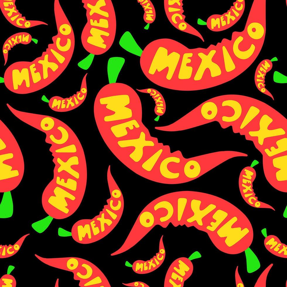 rood heet jalapeno peper. Chili peper symbool van Mexicaans keuken. de opschrift Mexico Aan de achtergrond van Chili paprika's. naadloos patroon vector