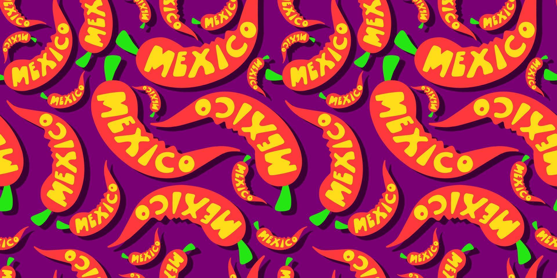 rood heet jalapeno peper. Chili peper symbool van Mexicaans keuken. de opschrift Mexico Aan de achtergrond van Chili paprika's. naadloos patroon vector