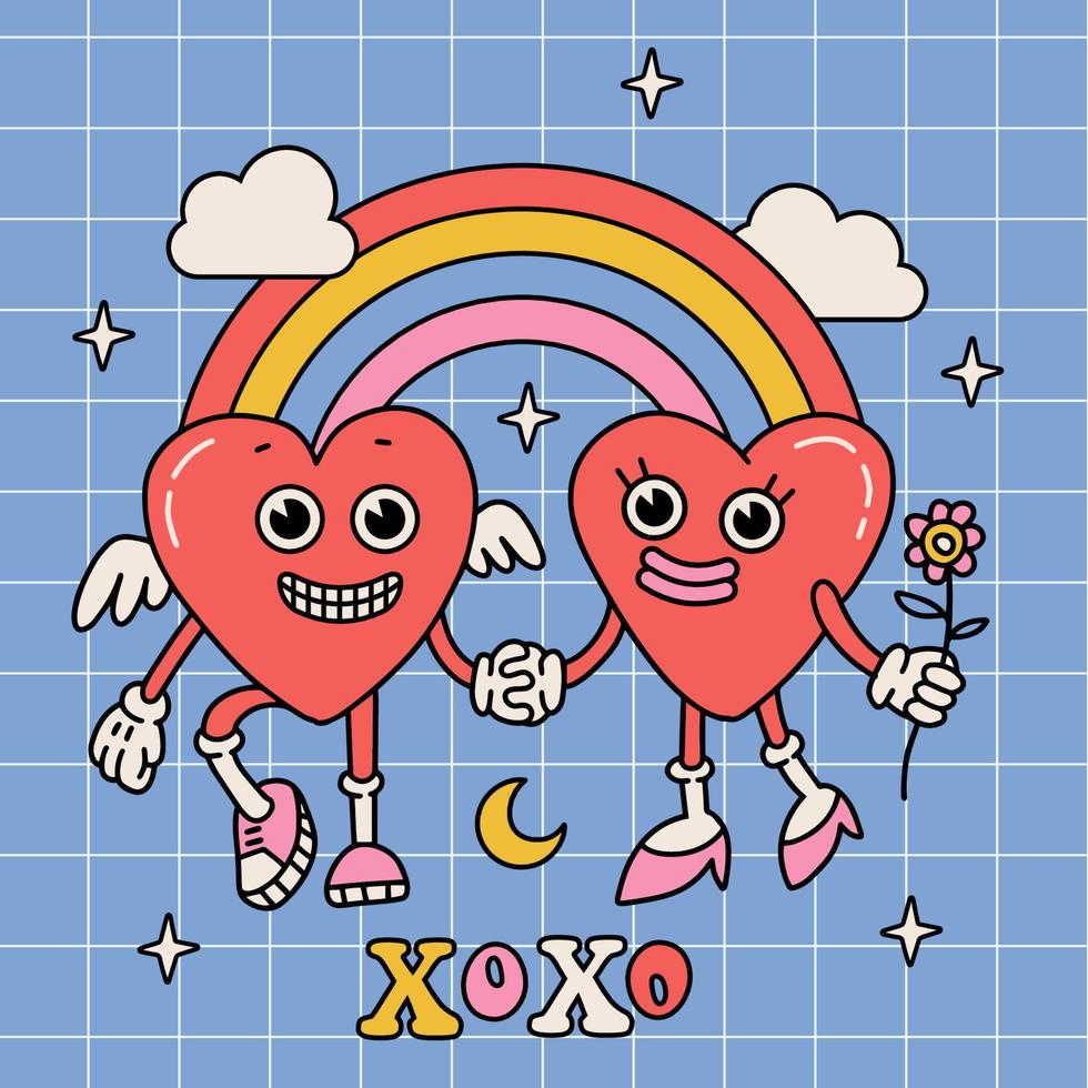 xoxo - valentijnsdag dag groet kaart sjabloon of t-shirt ontwerp afdrukken met retro tekenfilm hart tekens Holding handen met regenboog geïsoleerd Aan geruit achtergrond. vector illustratie