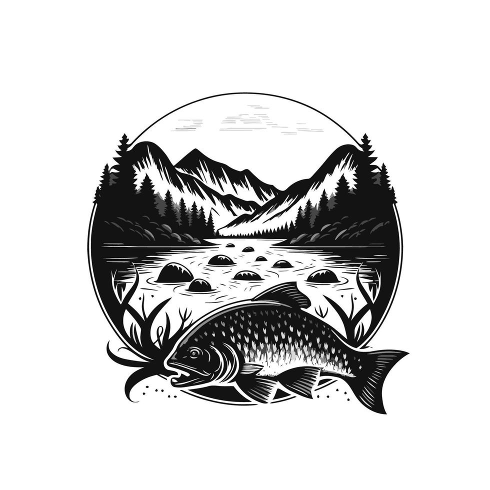 visvangst vis in de water blanco en wit wijnoogst logo ontwerp sjabloon vector
