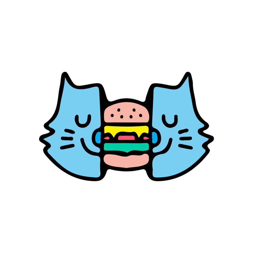 twee voor de helft van kat hoofd met hamburger binnen. illustratie voor straat dragen, t shirt, poster, logo, sticker, of kleding handelswaar. retro en knal kunst stijl. vector