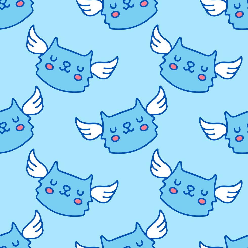 kawaii kat en Vleugels Aan blauw achtergrond naadloos patroon. modern vintage, knal kunst stijl naadloos patroon concept. vector