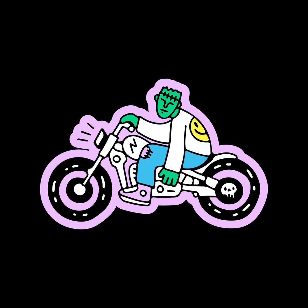 koel frankenstein rijden motor, illustratie voor t-shirt, sticker, of kleding handelswaar. met tekening, retro, en tekenfilm stijl. vector