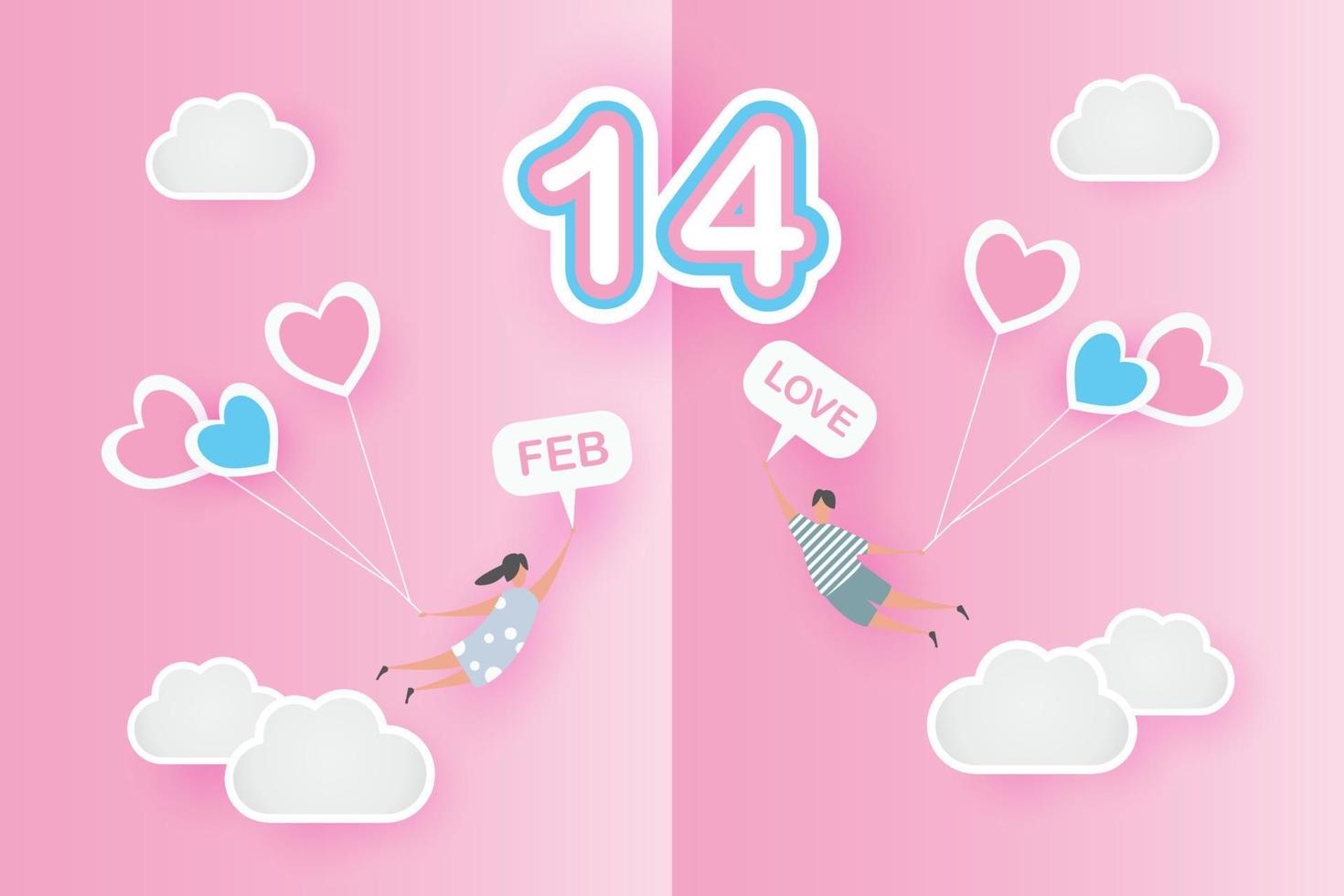 Valentijn lief blij Aan roze papier achtergrond concept. met tekst liefde 14 februari, jongen en meisje vlieg met hart ballon, lucht, vector. ontwerp voor Valentijn kaart, geschenk, poster, papier snee, grens, idee vector