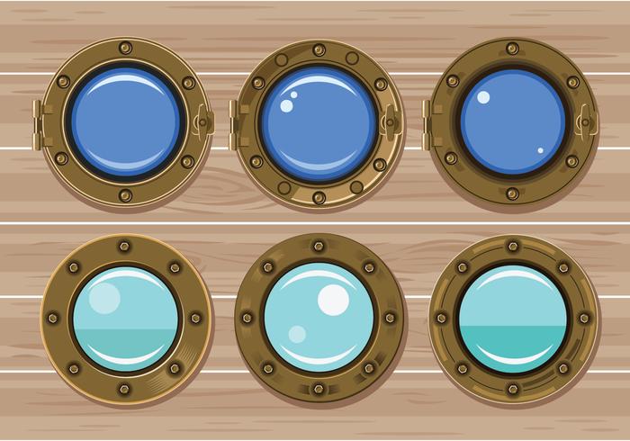 Set Gouden Porthole of Schip Venster op Houten Achtergrond vector