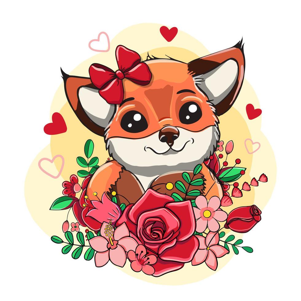 schattig tekenfilm vos met bloemen. sjabloon voor groet kaart, afdrukken, uitnodiging en ander. vector illustratie